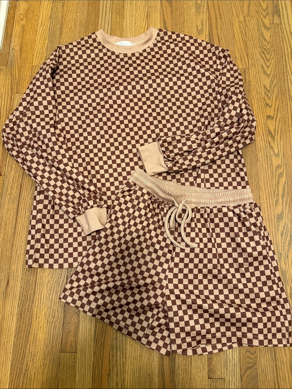 Salty Wave Checkerboard Long Sleeve Pajama Top & Drawstring Shorts - Brown/Tan